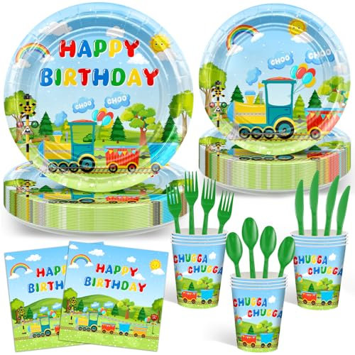 Avezano 168 PCS Train Birthday Party Supplies Includes Paper Plates, Cups, Napkins, Knives, Forks, Spoons for Chuagaa Train Birthday Party Decorations, Serves 24