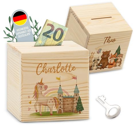 Lilletå ® Personalisierte Spardose Tierwelten (003.03) 10 x 10 cm – Holz Sparbox - Goalsaver Box - Sparbüxe für Kinder – Sparschwein, Geld Sparen Box, Money Box