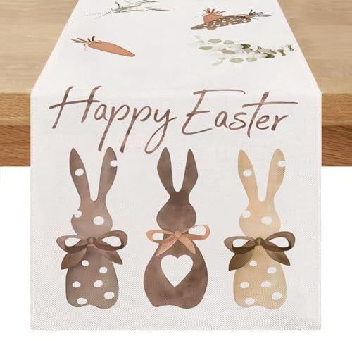 DecorMommt Tischläufer Modern Glückliche Ostern Netter Hase Tischläufer Waschbar Modern Frühling Küche Esstisch Dekoration Blume Grünes Blatt Festliche Tischmatten Läufer Set Für Party 40x140 cm