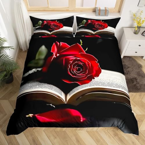 Vintage Rose Duvet Cover, Red Rose Book Decor Bedding Set For Girls Romance Flower Rose Comforter Cover Valentines Day Women Couple Gifts, Abstract Aesthetic Bed Cover King