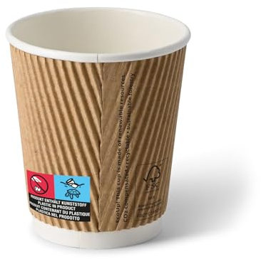 BIOZOYG Riffelbecher 500 Stück 200 ml / 8 oz, 80 mm, braun, innen weiß - Becher für Heißgetränke - Kaffeebecher to go aus Pappe - Einwegbecher, Alternative zu Styroporbecher