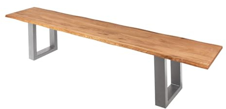 SAM Sitzbank 200x42 cm Enrico, Eichenholz massiv + geölt, Silber lackiertes Kufengestell aus Metall, Esszimmerbank mit echter Baumkante, Holzbank aus Massivholz, Pflegeleichte Baumkantenbank