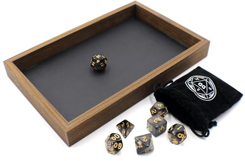 Wooden Dice Tray with Premium Walnut Frame and Matching D&D Dice Set - Tabletop Gaming Accessory (Black)