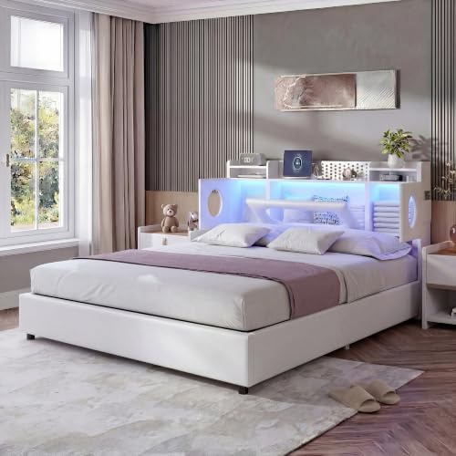 BRILVERDE Polsterbett 140x200 mit Stauraum unter Bett, Doppelbett mit LED/USB, Jugendbett mit Kopfteil, Stauraumbett, Bettgestell mit Lattenrost, Funktionsbett, PU (Weiß, 140 x 200 cm)