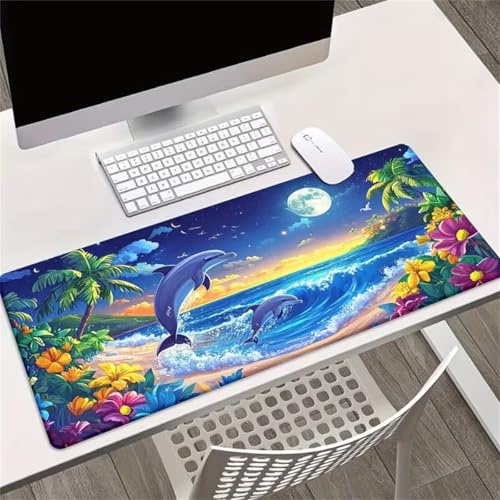 Large Mouse Mat XXL, Washable Gaming Mouse Pad with Anti-Slip Rubber Base, Extended Desk Pad Gaming Keyboard Mousepad for Office & Home(800x300x3mm,Beach Dolphin)