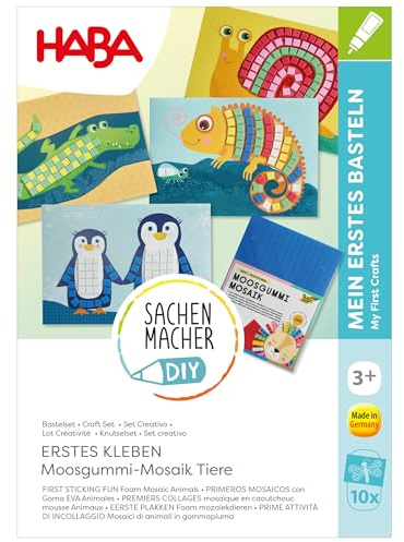 HABA Sachenmacher Erstes Kleben Tiere – Moosgummi Bastelset für 10 Mosaikbilder, Kreativset für Kinder ab 3 Jahren, Mosaik-Sticker & Vorlagen, Fördert Feinmotorik – 2013218
