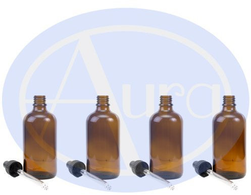 PACK of 4 - 100ml AMBER GLASS Bottles with GLASS Pipettes. Essential Oil / Aromatherapy Use
