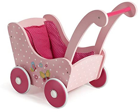Holzpuppenwagen für Baby-Puppen bis 54 cm, Puppenwagen aus Holz, Schiebehöhe 43 cm, Papilio Pink