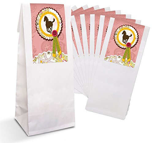Logbuch-Verlag 10 kleine weiße Papiertüten mit PFERD Aufkeber rosa pink - Pferdeparty Mädchen Kindergeburtstag Reiten Geschenkverpackung