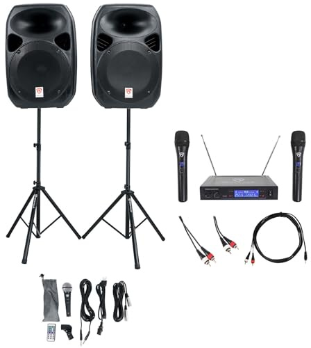 Rockville RPG122K Karaoke System Bundle - Dual 12 Powered PA Speakers 1000W, Wireless Microphone System, Bluetooth Connectivity, Speaker Stands & Cables Included (4 Items)