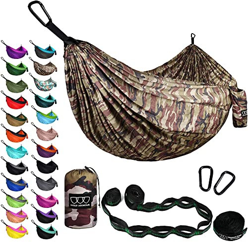 Gold Armour Camping-Hängematte – XL-Doppel-Hängematte, tragbare Hängematte, Camping-Zubehör, Ausrüstung für drinnen und draußen, mit Baumgurten, Marke aus den USA (Camouflage II)