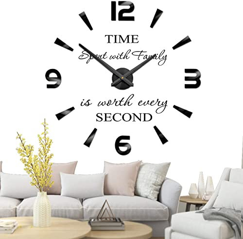Mintime Rahmenlose 3D DIY Wanduhr XXL Stumm Spiegel Aufkleber Home Office Schule Dekoration (Schwarz-73)