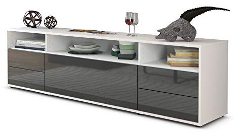 Stil.Zeit TV Schrank Lowboard Bella, Korpus Weiss matt, Front Hochglanz-Design Grau Graphit (180x49x35cm), mit Push-to-Open Technik & Leichtlaufschienen