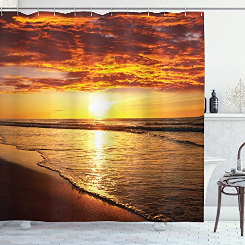 ABAKUHAUS hawaiisch Duschvorhang, Strand Sunset Coast, Stoffliches Gewebe Badezimmerdekorationsset mit Haken, 175 x 220 cm, Dunkle Orange Orange