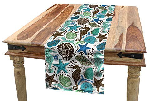 ABAKUHAUS Sea Shells Tischläufer, Abstrakt Maritime, Esszimmer Küche Rechteckiger Dekorativer Tischläufer, 40 x 300 cm, Seafoam Braun Blau