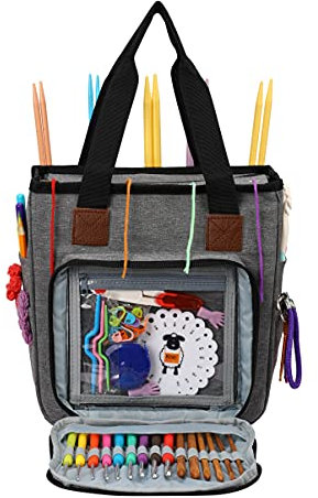KOKNIT Strick-Tragetasche, Garn-Aufbewahrungstasche für Projekte, Garnaufbewahrung, Organizer mit Taschen für Häkelnadeln, Stricknadeln und Zubehör, blau, kein Zubehör im Lieferumfang enthalten (grau)