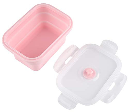 HERCHR Collapsible Lunch Box, 500ml/17.5Oz, Pink, Foldable Silicone, Leak Proof, Stackable, Microwave & Dishwasher Safe, Perfect for School, Work, Travel