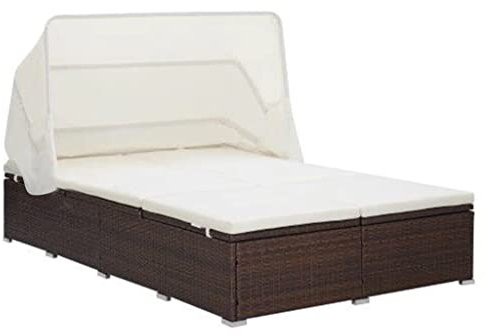 vidaXL Sonnenliege 2-Personen mit Auflage Klappdach Gartenliege Doppelliege Relaxliege Gartenmöbel Liege Strandliege Poly Rattan Braun