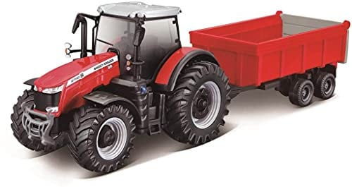 Bburago Massey Ferguson 8740S - Trattore con rimorchio, 10 cm, colori assortiti