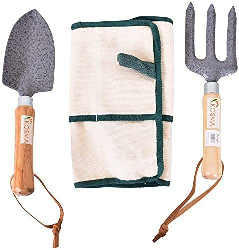 Kosma 2Pc Mini Garden Transplanting Tool Set Ash Wood Handle- Hand Fork & Trowel with 4 Pocket Garden Apron