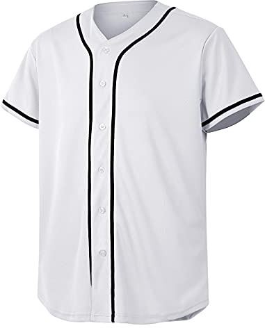 CUTHBERT Solid Baseball Jersey Shirt for Men and Women, Plain Short Sleeves Button Down T-Shirt(White L)