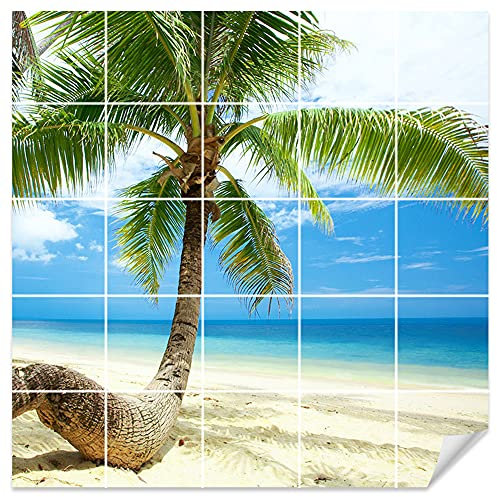 GRAZDesign Fliesenaufkleber Bad Wandfliesen selbstklebend, Strand & Palme Klebefliesen - Strand mit Palme