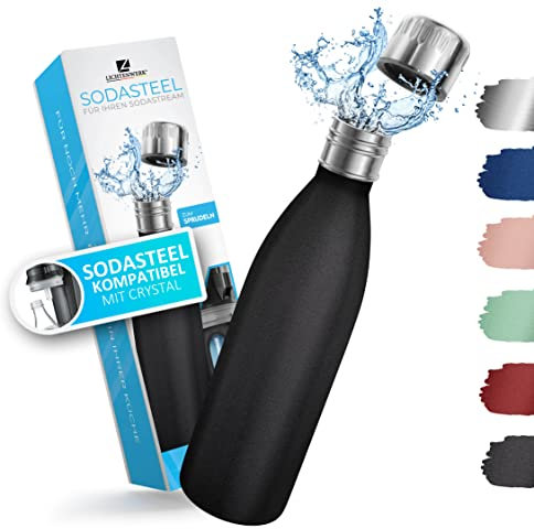 LICHTENWERK® Borraccia in acciaio inox di alta qualità, 0,6 l, compatibile con SodaStream Crystal – adatta per l'anidride carbonica – lavabile in lavastoviglie – Borraccia in acciaio inox – nero