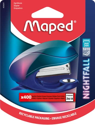 Maped - Nightfall Heftgerät - Befestigung bis zu 15 Blatt - Heftklammern 24/6 und 26/6 - Metallmechanik - Blister mit 400 Heftklammern