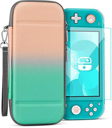 TNP Tasche für Nintendo Switch Lite, Hartschalen Tragetasche mit 10 Speicherplatz, Displayschutzfolie, 4 Joystick Kappen Daumengriffkappen, Armband, Schutzhülle Reisetasche Hülle Case, Grün & Orange