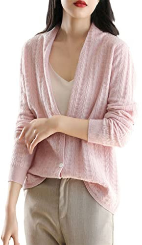 Primavera e Autunno Solido Lana Lavorato A Maglia Cardigan Grande Scollo A V Cappotto Moda Top, rosa, L