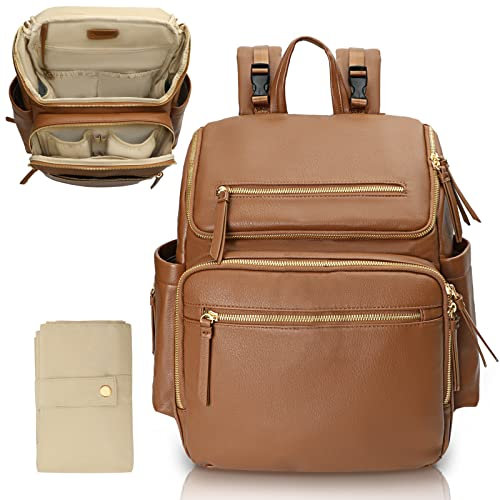 Omanmoli Wickeltasche, Rucksack, groß, Leder, mit 17 Wickeltaschen, Wickelunterlage, Kinderwagengurten, 4 isolierte Taschen, Braun