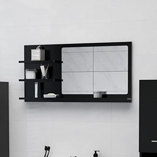 homiuse 90x10,5x45 cm Badspiegel Spiegel mit 3 Regale Rechteckiger Wandspiegel Mirror Badezimmerspiegel Badezimmer Spiegel Bad Stilvolle Duschspiegel Schwarz Holzwerkstoff Acryl