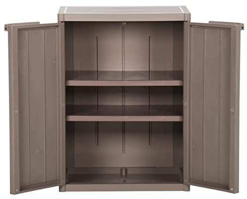 Keketa Gartenschrank Spindschrank Multifunktionsschrank mit 2 Ablagen Terrassenschrank Balkonschrank für innen und außen Braun 65x45x88 cm Rattan-Optik