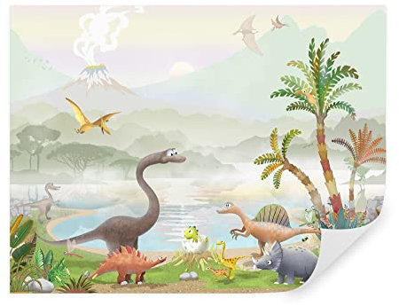 TAPEKO Papier Peint Chambre Enfant 360x250 cm 3D Effet Dinosaures Dessins Animés Palmiers Montagnes pour Garçon Fille Papier Peint intissé plus u60040
