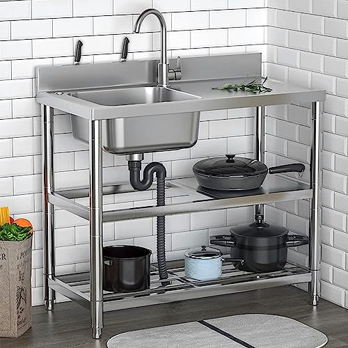 Évier INOX de Cuisine 1 Bac, Evier INOX de Cuisine sur Pied Plan de Travail, Anti-Eclaboussures Professionnel Lavabo Jardin avec Robinet, pour Exterieur Intérieur