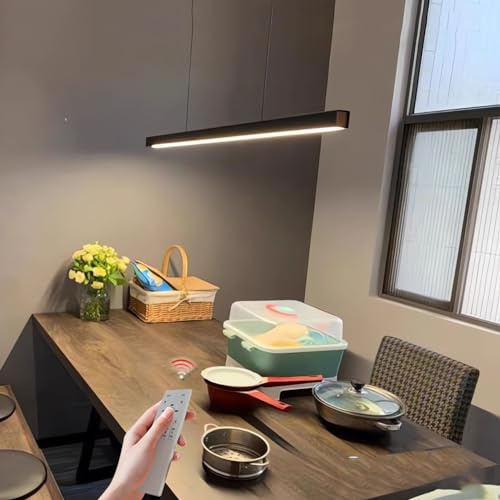 Dimmbare LED Pendelleuchte Modern esstisch Hängeleuchte mit Fernbedienung Langer Streifen Pendellampe linear Design Esszimmerlampe Höhenverstellbar Esszimmer Küche Büro Kronleuchter Schwarz, L120cm