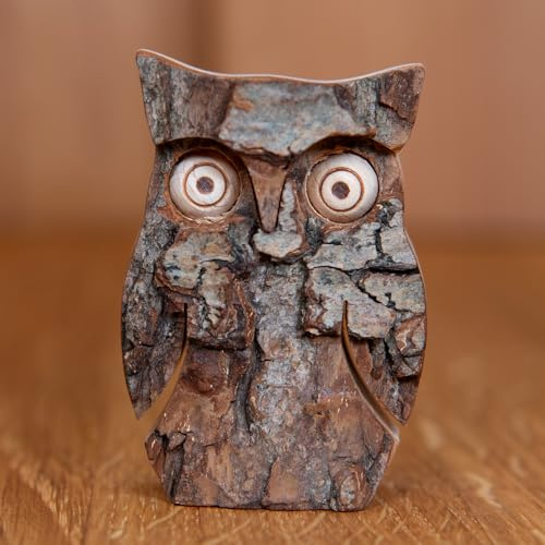 Staboos Holzeule 40mm - Rindeneule Deko Holzfigur, handgefertigt, Geschenk | Massivholz-Holztier mit Naturrinde, jedes Stück ein Unikat – Eule, Vogel & Waldtier für Regal, Sideboard & Tisch