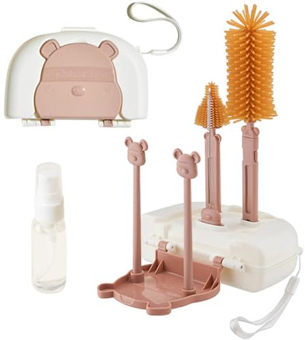 EMTSEB 7 in 1 Baby Bottle Brush Set, Travel Portable Bottle Cleaning Kit with Bottle Nipple Brush, Straw Cleaner, Soap Dispenser, Storage Box, Drying Rack (Brown)
