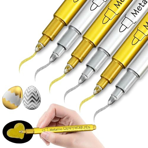 6 Stück Gold Silber Metallic Marker Stifte Set, Silberstift Goldstift Wasserfest Acrylstifte Marker Stift Fließendes Schreiben, Dünn & Fein Permanent Acrylmarkerfür Stein, Holz, Glas, Keramik, Reifen