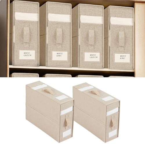 2er-Pack Faltbare Bettlaken Organizer mit klarem Fenster und verbessertem Griff, Beige Leinen Schrankaufbewahrung Aufbewahrungstasche für Bettwäsche und Bettbezug - King- und Queen-Size Betten