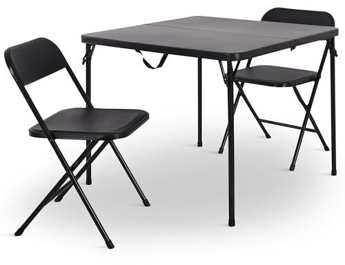 Campingtisch, klappbar, Set mit 2 Stühlen, faltbar, Garten, Outdoor & Camping, Tisch 86 cm x 86 cm, Belastbarkeit Stühle 110 kg, leicht & flexibel, Stabiler Metallrahmen, Jonas, Schwarz/Schwarz