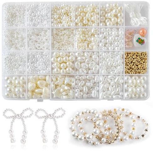 Weiße Perlen Set, Armbänder Selber Machen Perlen zum Auffädeln Weiße Perlen, Armband Set Selber Machen Geschenke für Mädchen Armbänder Charm Kit für DIY Armband Schmuckherstellung (DIY Set 1)
