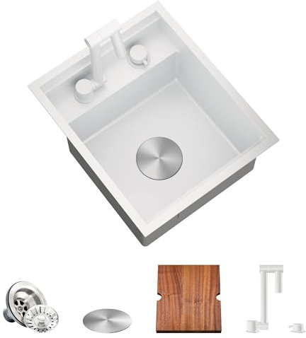 TORVA Fregadero blanco con estación de trabajo para bar, caravana, cocina, con grifo plegable integrado, acero inoxidable de calibre 16, 38,1 x 45,8 x 22,9 cm