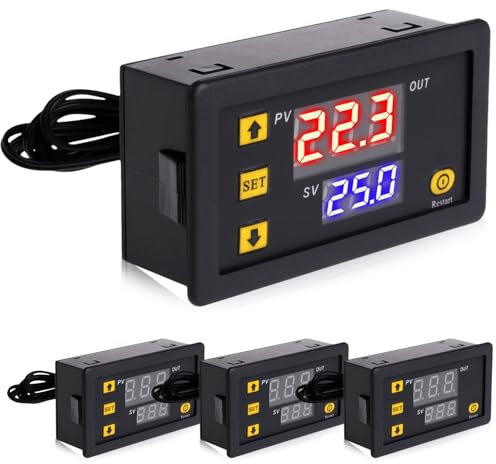 4 Stück W3230 Digitaler Thermostat, DC 12V 20A Digital Temperaturregler mit LCD Display, Wasserdichter Digitalanzeige Heizungsthermostat, Regler Relais mit NTC 10K-Sensorsonde(Schwarz)