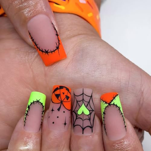 Caiguoer 24 Pcs Pumpkin Cobweb Fake Nails Halloween Square False Nails Press on Nails for Women and Girls