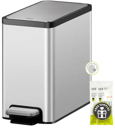 EKO Slim Small Bathroom Trash Can with Lid, Stainless Steel Small Garbage Can with Removable Inner Bucket, 6L / 1.6 Gal, Step On Trash Bin