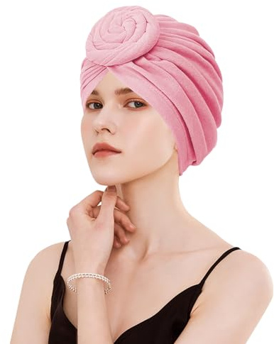 Adorila Vorgebundene Turban-Hüte für Damen, weiche, dehnbare Chemo-Kopfbandagen für Haarausfall und Schlafmütze, Rosa