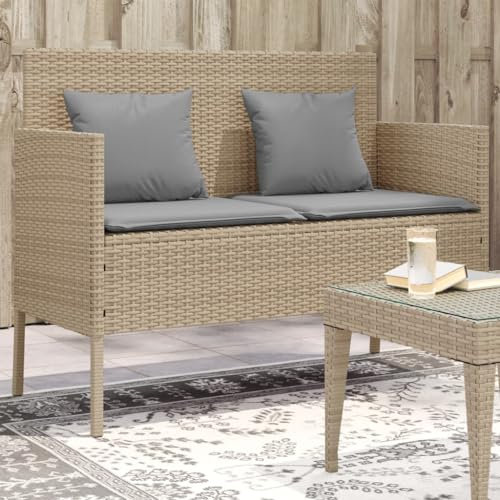 Myheimly Gartenbank mit Kissen, Sitzbank mit Staufach unter Sitzfläche, Parkbank mit abnehmbaren Bezügen, Außenbank Outdoor Bank, Poly Rattan,Beige und Grau