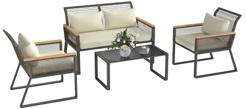 Outsunny 4 Piece Rattan Garden Furniture, 4 Seater Rattan Sofa Set, Round Wicker Rope Patio Conversation Set with 2 Armchairs, Loveseat, Glass Top Coffee Table and Cushions for Outdoor, Balcony, Grey