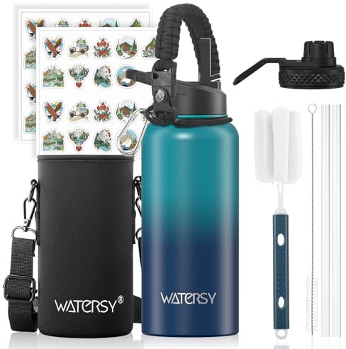 WATERSY Stainless Steel Vacuum Insulated Water Bottle 32oz, Drink Flask Metal Water Bottles 946ml with 2 Lids Leakproof (Straw Lid and Spout Lid) Keep 24 Hours Cold Drinks for Sport, Work, Travel